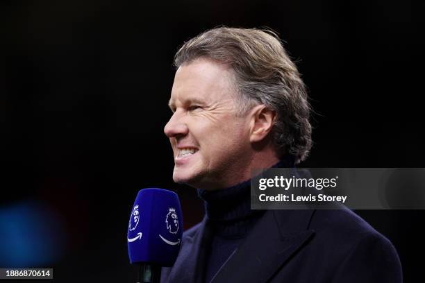 Former Footballer and Amazon Prime Sport Presenter, Steve McManaman reacts prior to the Premier League match between Burnley FC and Liverpool FC at...