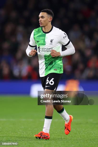 Trent Alexander-Arnold of Liverpool looks on during the Premier League match between Burnley FC and Liverpool FC at Turf Moor on December 26, 2023 in...