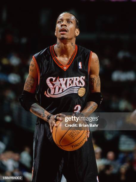 Allen Iverson, Shooting Guard and Point Guard for the Philadelphia 76ers prepares to shoot a free throw during the NBA Midwest Division basketball...