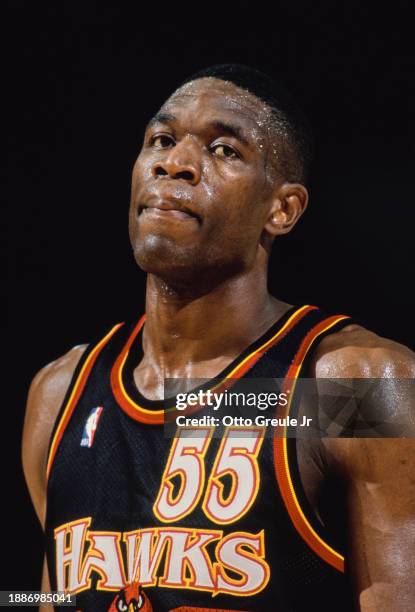 Portrait of Dikembe Mutombo, Center for the Atlanta Hawks during the NBA Pre Season basketball game against the Los Angeles Lakers on 24th October...