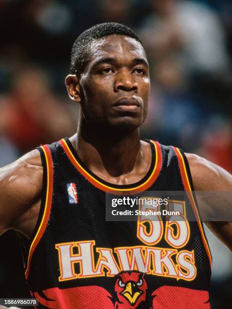 Portrait of Dikembe Mutombo, Center for the Atlanta Hawks during the NBA Midwest Division basketball game against the Dallas Mavericks on 2nd...