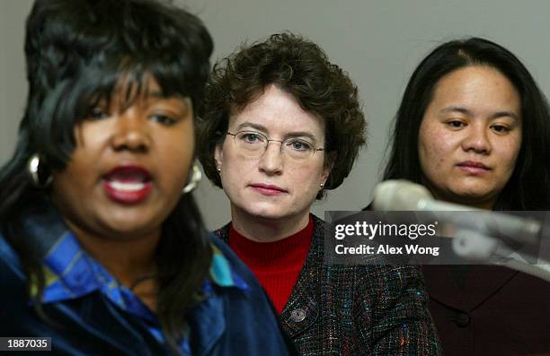 Leandra A. Casson of Justice and Witness Ministries, speaks during a news briefing on affirmative action as Kim Grandy , President of the National...