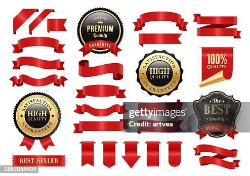 Juego de insignias doradas y cintas rojas Juego de insignias doradas y cintas rojas