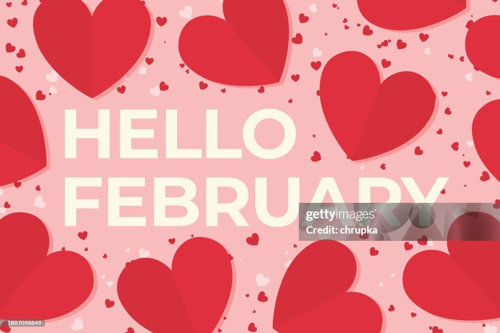 Hello February Text Red Hearts Valentine Day Concept High-Res Vector ...