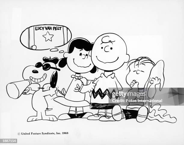 Snoopy, Lucy. Charlie Brown, and Linus stand in a line in a drawing from the Charles Schultz comic strip, 'Peanuts,' 1968.