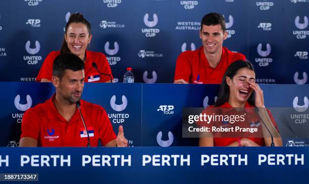 Olga Danilovic of Serbia laughs during a press conference with Novak Djokovic of Serbia on Day 2 of the 2024 United Cup at RAC Arena on December 30,...