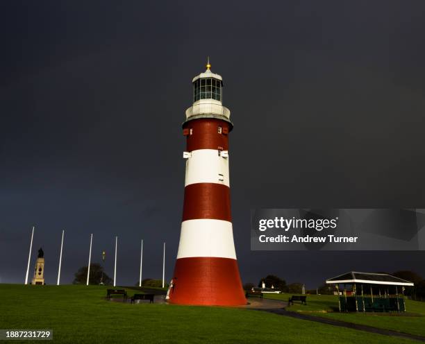 tower in a shower - plymouth hoe stock pictures, royalty-free photos & images