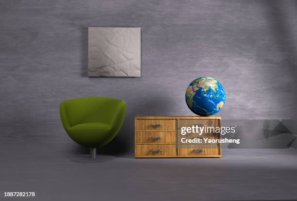 one globe on the wood furniture,sunlight from window,3d rendering - world globe on deserted plain stock pictures, royalty-free photos & images