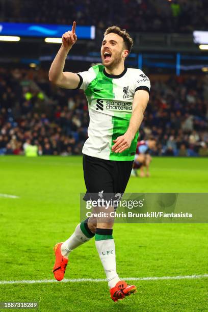 Diogo Jota of Liverpool celebrates scoring his side's second goal during the Premier League match between Burnley FC and Liverpool FC at Turf Moor on...