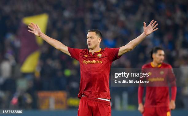 Nemanja Matic of AS Roma gestures during the Serie A match between AS Roma and Juventus at Stadio Olimpico on March 05, 2023 in Rome, Italy.