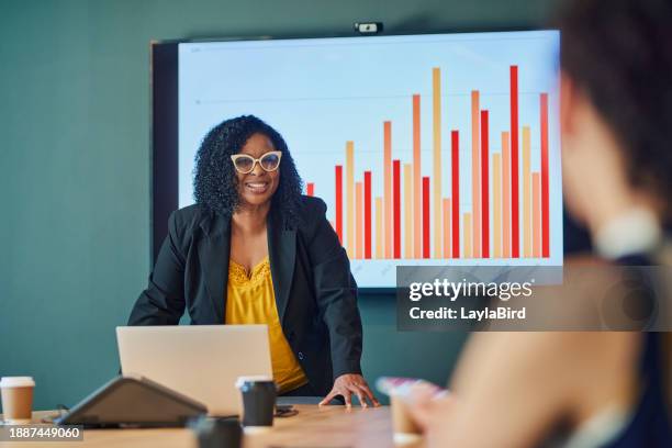confident businesswoman leading a meeting and presenting financial data - succession planning stock pictures, royalty-free photos & images