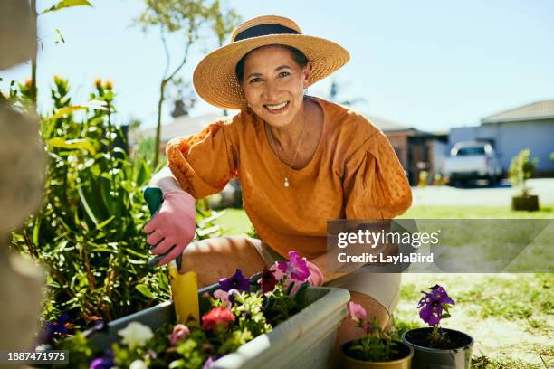 donna felice che fa giardinaggio nel suo cortile - anziani attivi foto e immagini stock