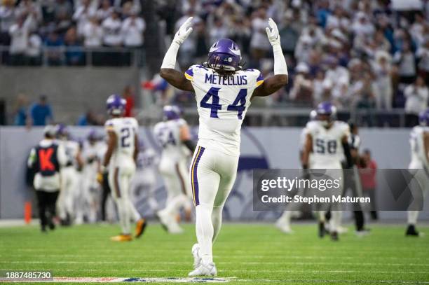 Josh Metellus of the Minnesota Vikings reacts after a play in the second quarter of the game against the Detroit Lions at U.S. Bank Stadium on...