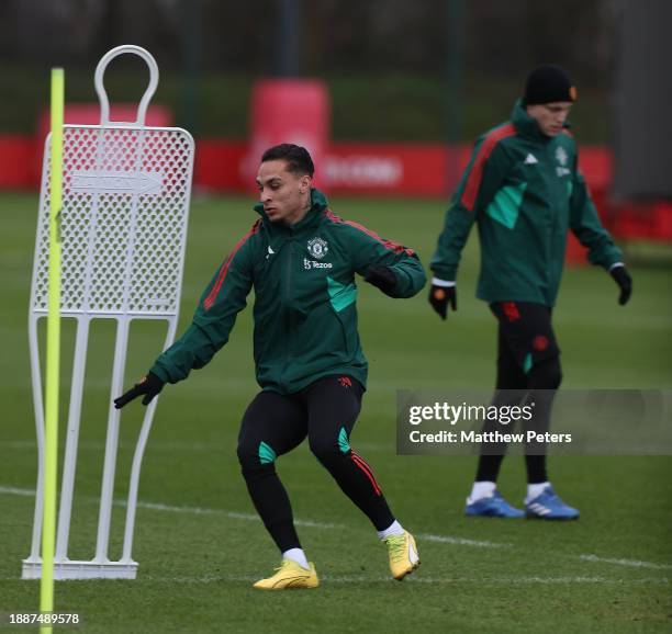 Antony of Manchester United in action during a first team training session at Carrington Training Ground on December 27, 2023 in Manchester, England.