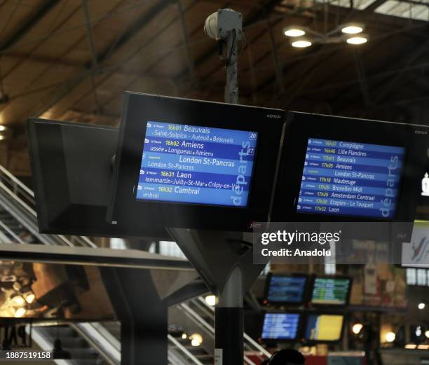 Sign showing train routes shows that the London service has been cancelled after Eurostar announced on Saturday the cancellation of all its trains of...