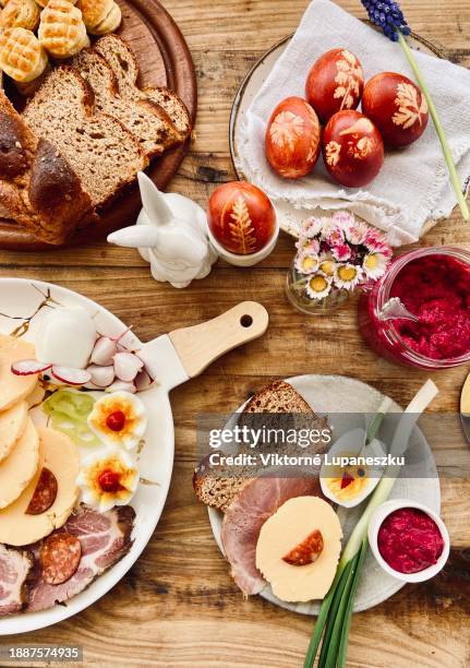 table with easter breakfast - easter breakfast stock pictures, royalty-free photos & images