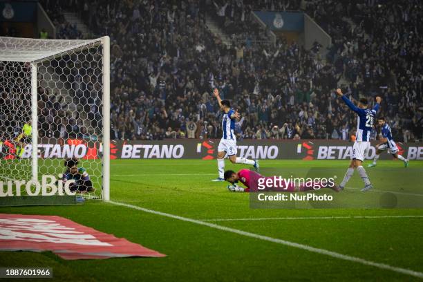 Players from FC Porto are celebrating after scoring a goal during the Portuguese First League soccer match between FC Porto and Desportivo de Chaves...