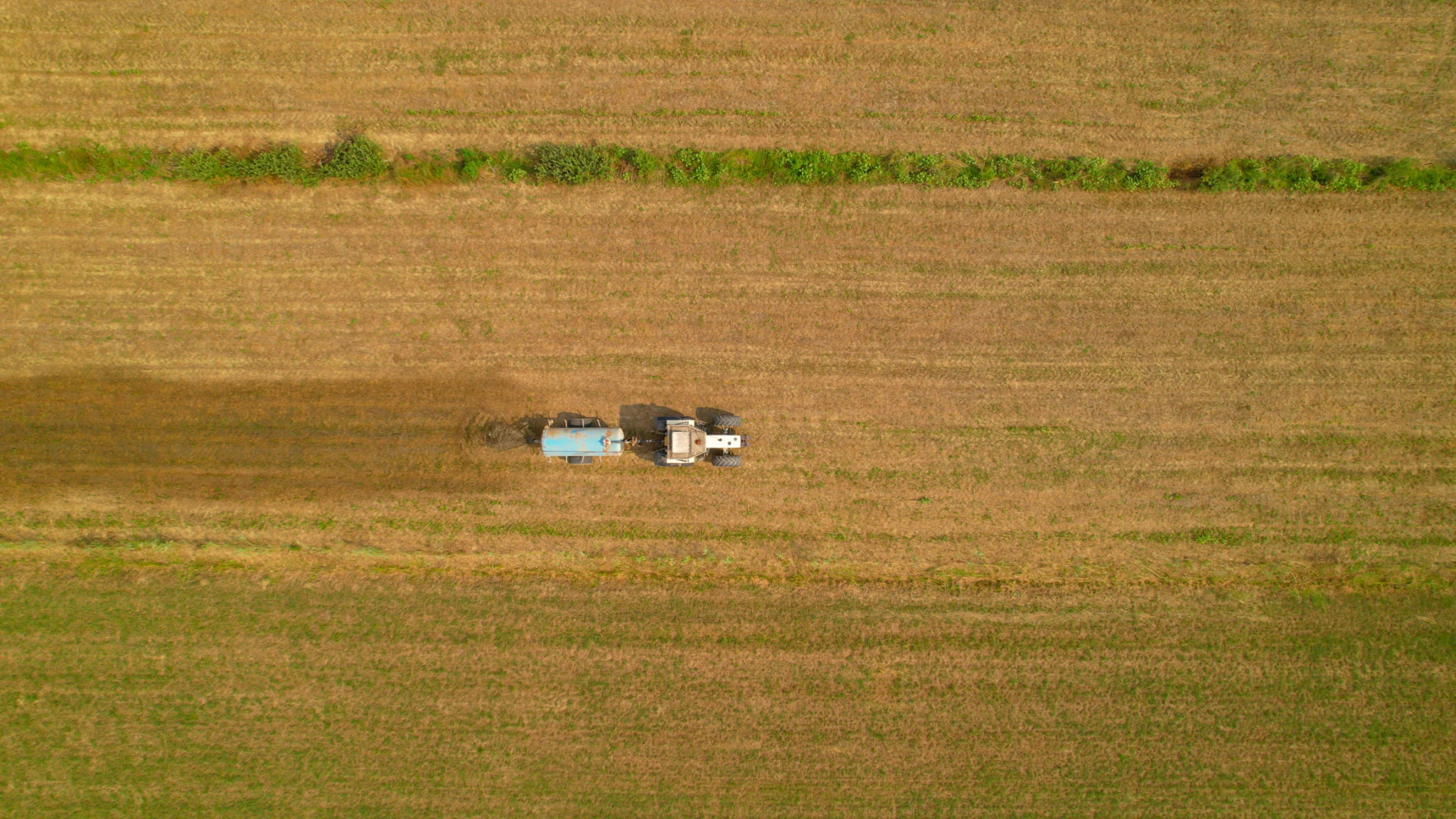 AERIAL, TOP DOWN: Farm tractor spreading manure on arable land in autumn season AERIAL, TOP DOWN: Farm tractor spreading manure on arable land in autumn season