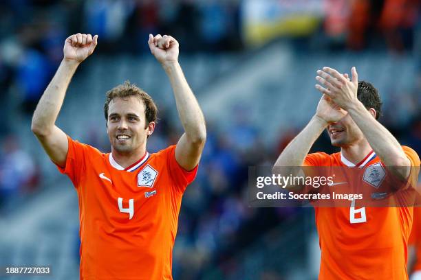 Holland Joris Mathijsen Mark van Bommel celebrating during the World Cup Qualifier match between Iceland v Holland on June 6, 2009