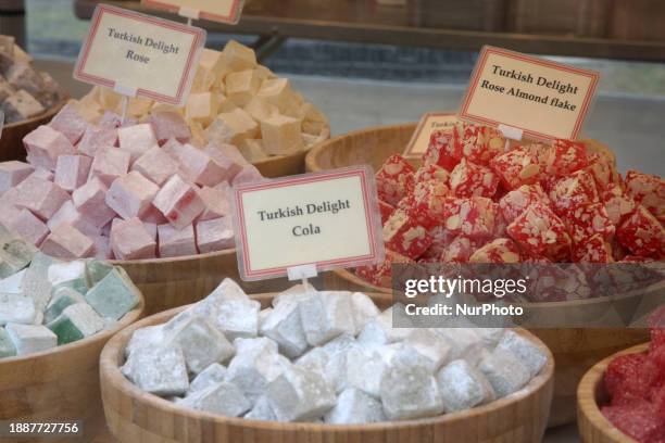 Various types of Turkish delight are being displayed alongside traditional Turkish and Mediterranean sweets in Toronto, Ontario, Canada, on December...