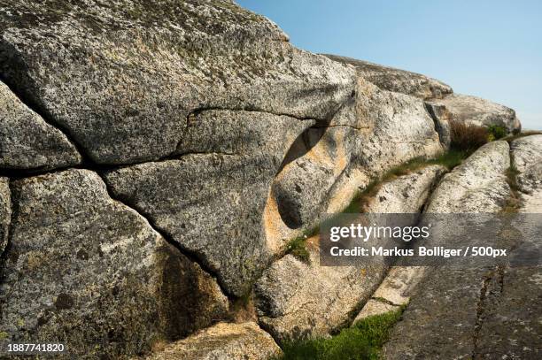 low angle view of rock formation against sky,faerder,vestfeld,norway - felsenküste stock pictures, royalty-free photos & images