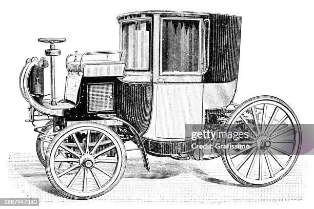 vintage petrol cab car by panhard paris 1897 illustration - black and white taxi stock illustrations