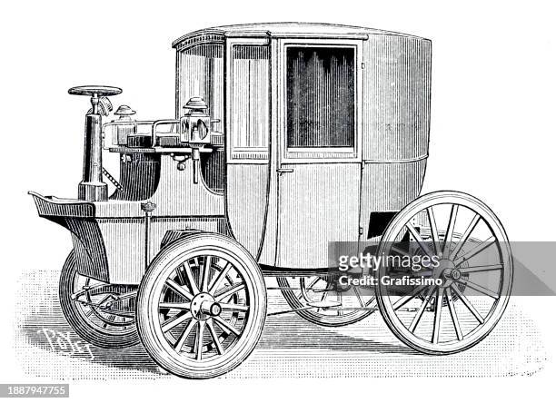 vintage electric cab car by krieger paris 1897 illustration - encyclopaedia stock illustrations