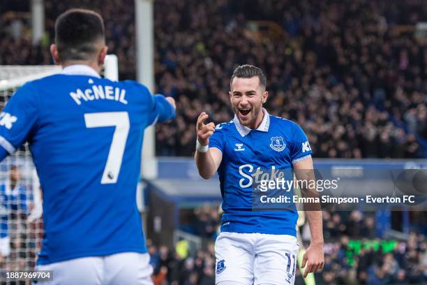 Jack Harrison of Everton celebrates scoring his teams first goal during the Premier League match between Everton FC and Manchester City at Goodison...
