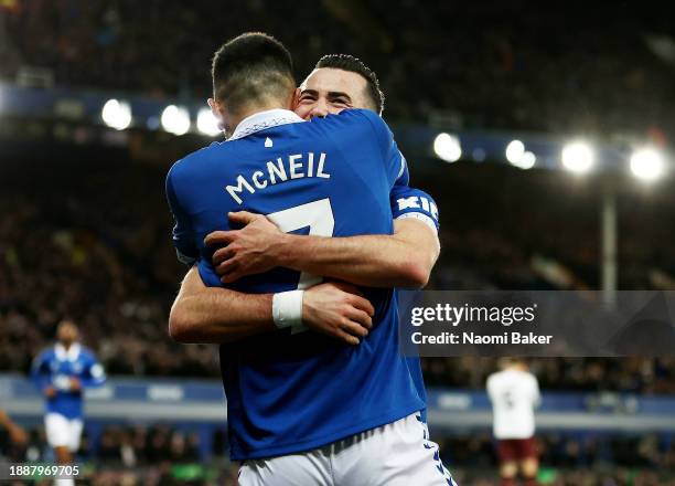 Jack Harrison of Everton celebrates with team mate Dwight McNeil after scoring their sides first goal during the Premier League match between Everton...