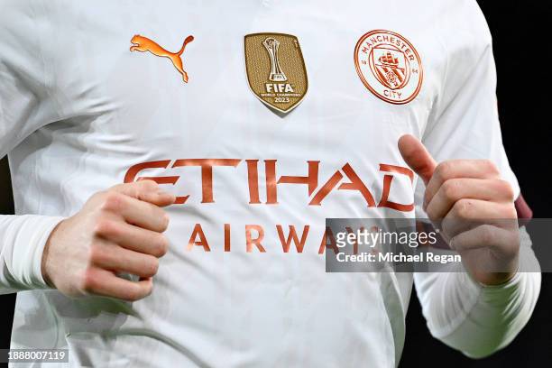 Detailed view of the FIFA World Champions 2023 badge on the shirt of Julian Alvarez of Manchester City during the Premier League match between...