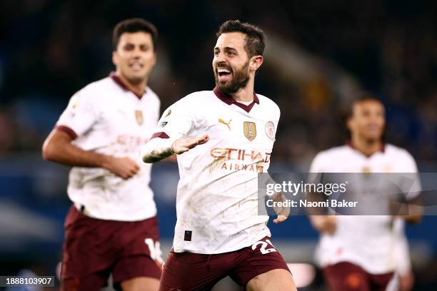 Bernardo Silva of Manchester City celebrates after scoring their sides third goal during the Premier League match between Everton FC and Manchester...