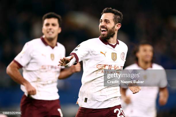 Bernardo Silva of Manchester City celebrates after scoring their sides third goal during the Premier League match between Everton FC and Manchester...