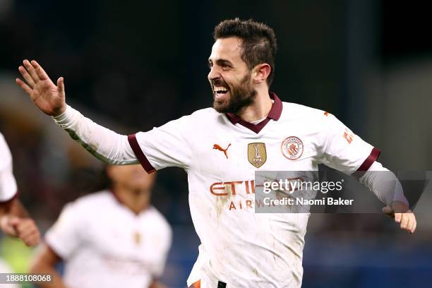 Bernardo Silva of Manchester City celebrates after scoring their sides third goal during the Premier League match between Everton FC and Manchester...