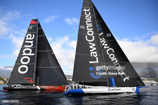 LawConnct moves ahead of Andoo Comanche during the 2023 Sydney to Hobart, on December 28, 2023 in Hobart, Australia.