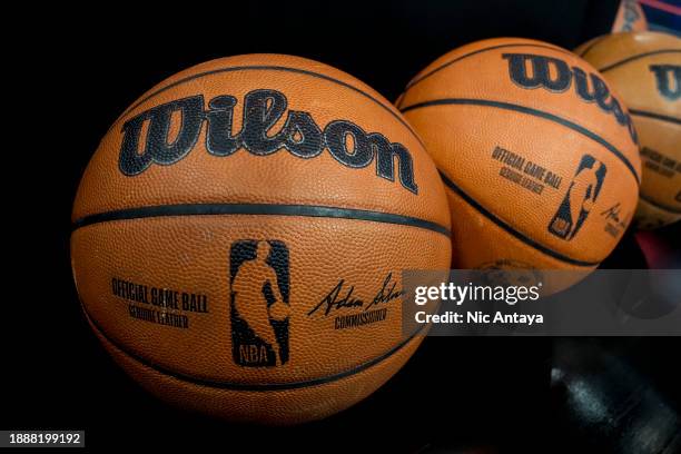 Wilson brand NBA official game ball basketballs are pictured during the game between the Detroit Pistons and Brooklyn Nets at Little Caesars Arena on...