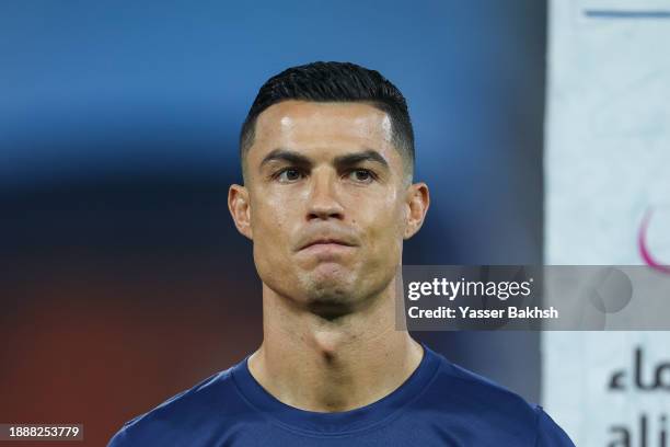 Cristiano Ronaldo of Al Nassr looks on prior the Saudi Pro League match between Al-Taawoun and Al-Nassr at King Abdullah Sport City Stadium on...