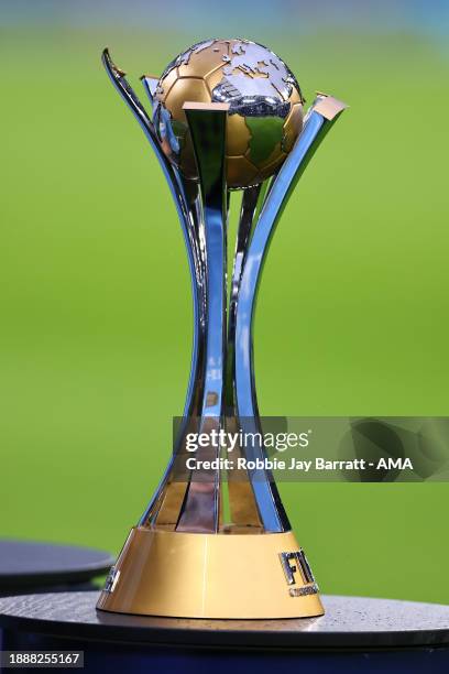 The FIFA Club World Cup trophy during the Premier League match between Manchester City and Sheffield United at Etihad Stadium on December 30, 2023 in...