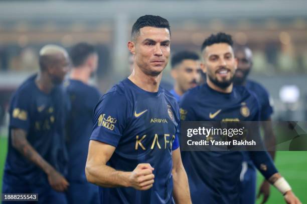 Cristiano Ronaldo of Al Nassr celebrates after winning the Saudi Pro League match between Al-Taawoun and Al-Nassr at King Abdullah Sport City Stadium...