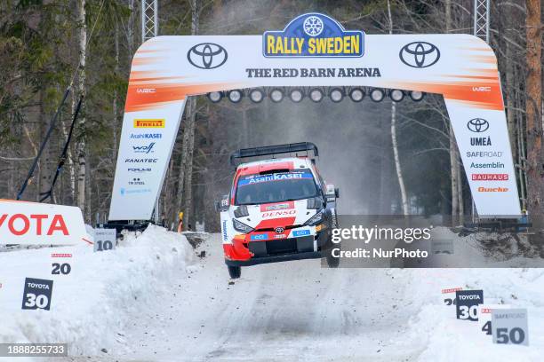 Kalle Rovanpera and Jonne Halttunen of Team Toyota Gazoo Racing WRT are driving the Toyota GR Yaris Rally1 Hybrid as they face two stages of the race...