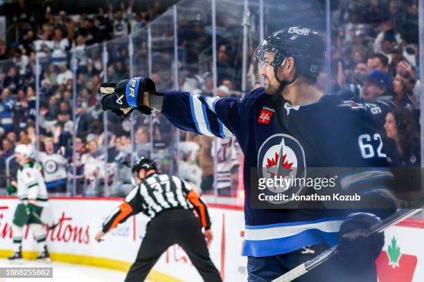 Nino Niederreiter of the Winnipeg Jets celebrates after scoring a second period goal against the Minnesota Wild at the Canada Life Centre on December...