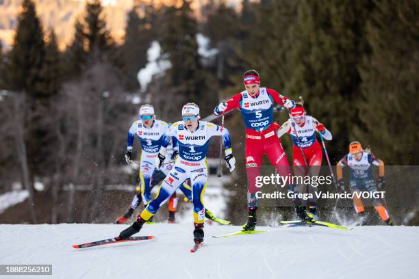 Jonna Sundling of Sweden and Kristine Stavaas Skistad of Norway in action competes during the FIS World Cup Cross - Country Tour de Ski Individual...