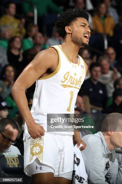 Notre Dame Fighting Irish guard Julian Roper II reacts to a play against the Virginia Cavaliers on December 30 at the Purcell Pavilion at the Joyce...