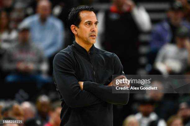 Miami Heat head coach Erik Spoelstra looks on during the second half of a game against the Utah Jazz at Delta Center on December 30, 2023 in Salt...