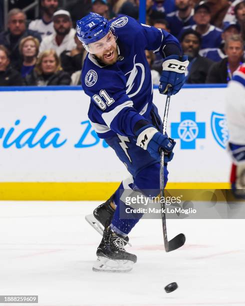 Erik Cernak of the Tampa Bay Lightning against the New York Rangers during the second period at Amalie Arena on December 30, 2023 in Tampa, Florida.