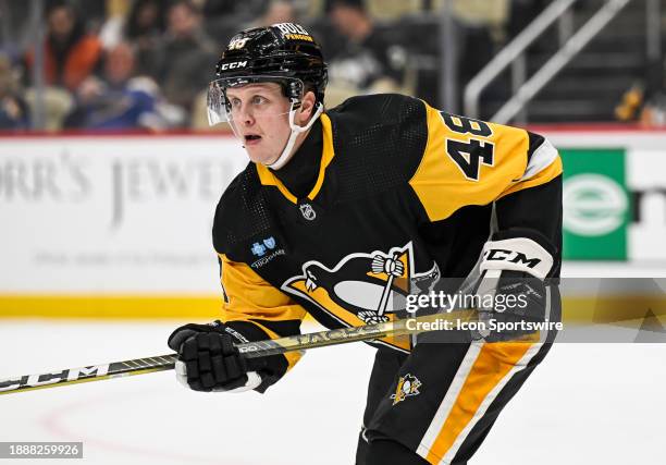 Pittsburgh Penguins right wing Valtteri Puustinen looks on during the second period in the NHL game between the Pittsburgh Penguins and the St. Louis...