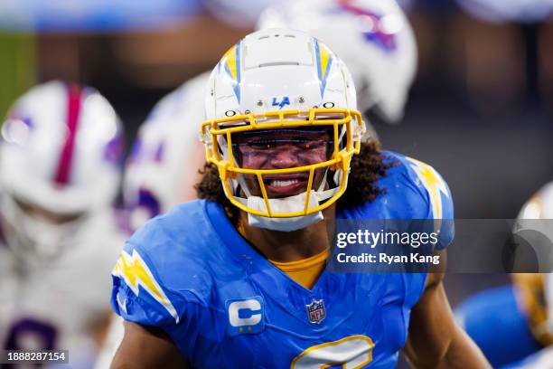 Eric Kendricks of the Los Angeles Chargers celebrates after a play during an NFL football game against the Buffalo Bills at SoFi Stadium on December...