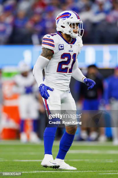 Jordan Poyer of the Buffalo Bills defends in coverage during an NFL football game against the Los Angeles Chargers at SoFi Stadium on December 23,...