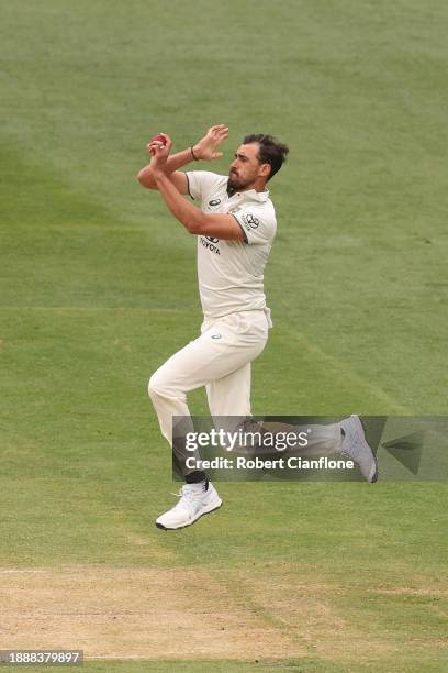 Mitchell Starc of Australia bolws during day three of the Second Test Match between Australia and Pakistan at Melbourne Cricket Ground on December...