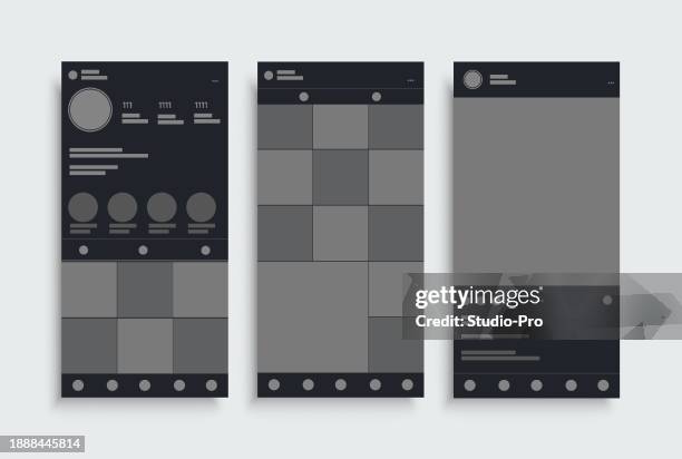 illustrations, cliparts, dessins animés et icônes de modèle de thème sombre pour les médias sociaux. interface utilisateur de la maquette de l’ia. - poteau en bois
