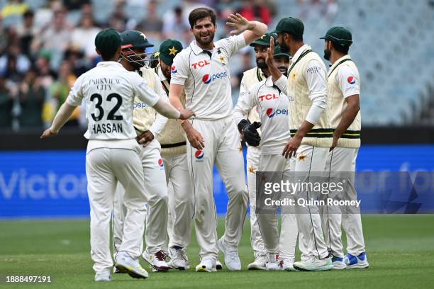 Shaheen Shah Afridi of Pakistan celebrates the wicket of Marnus Labuschagne of Australia during day three of the Second Test Match between Australia...